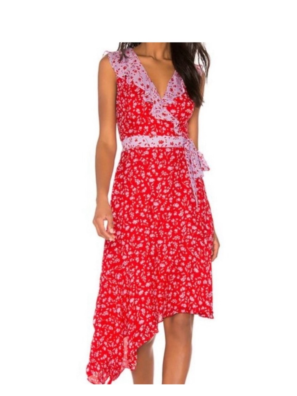 Parker Red Floral Asymmetrical Wrap Dress with Pink Trim
